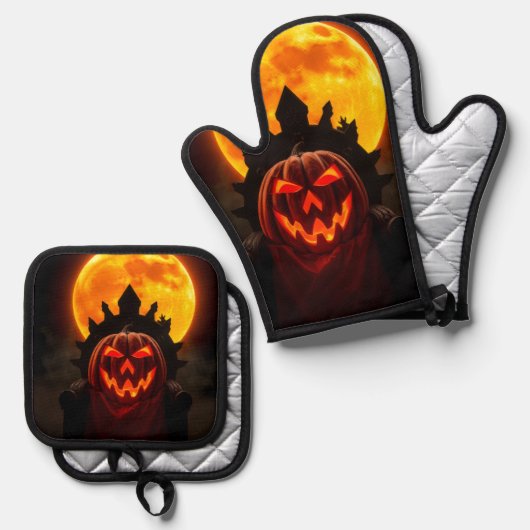 Pumpkin King Eclipse Halloween Oven Mitt Set (Voorkant / Achterkant)