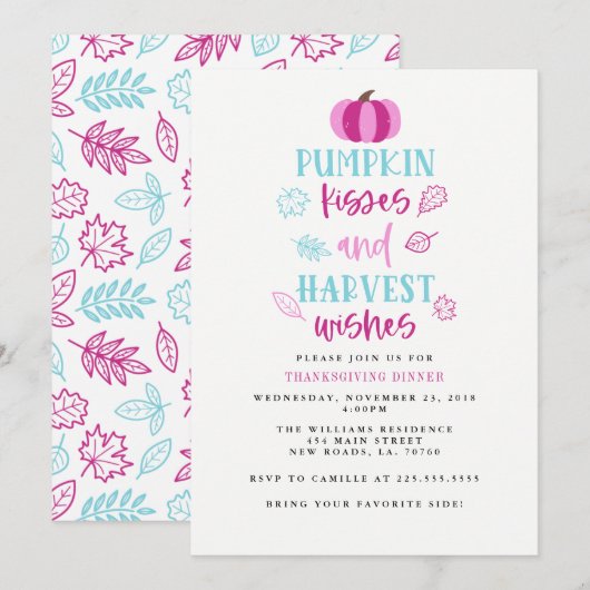 Pumpkin Kisses & Harvest Wishes Thanksgiving Party Kaart (Voorkant / Achterkant)
