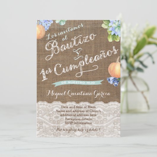 Pumpkin Latino Baptism 1e verjaardag Spaans Kaart (Staand voorkant)