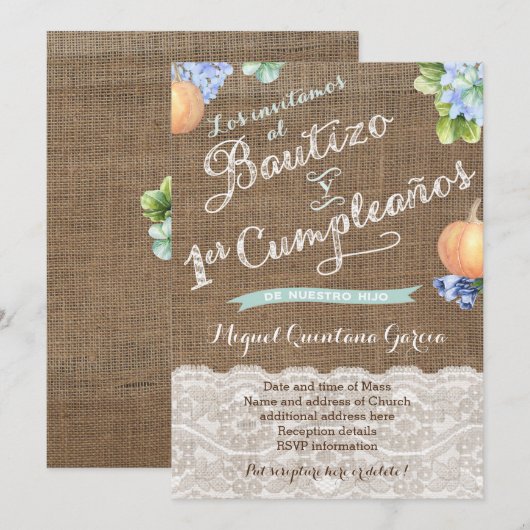 Pumpkin Latino Baptism 1e verjaardag Spaans Kaart (Voorkant / Achterkant)