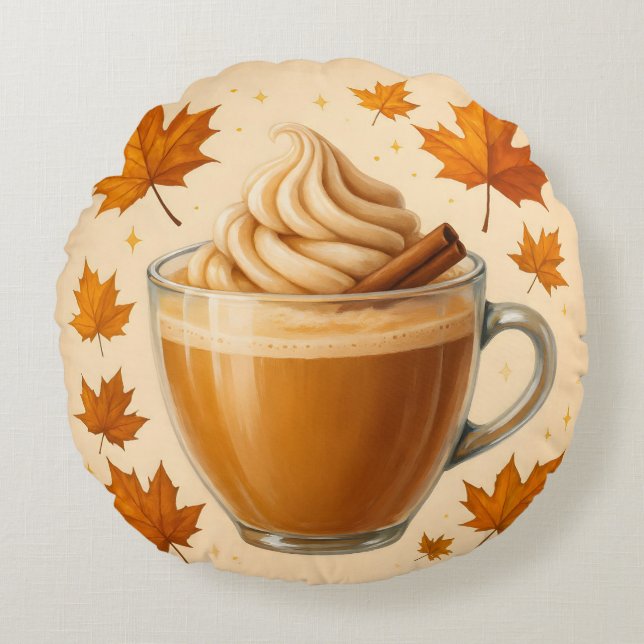 Pumpkin Latte Daydream | Gezellig Herfst Sierkusse Rond Kussen (Voorkant)