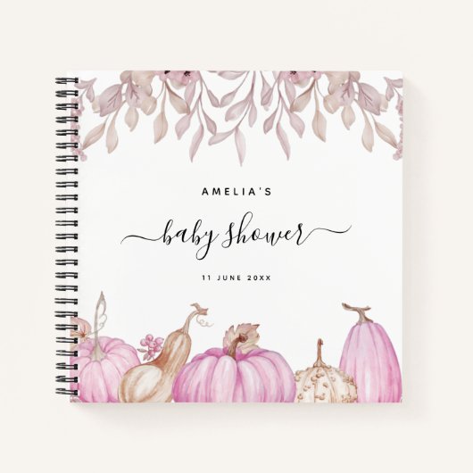 Pumpkin Leaves Herfst Pink Baby shower Guestbook Notitieboek (Voorkant)