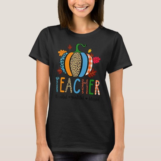 Pumpkin Leopard-leraar Thankful Grateful Blessed T-shirt (Voorkant)