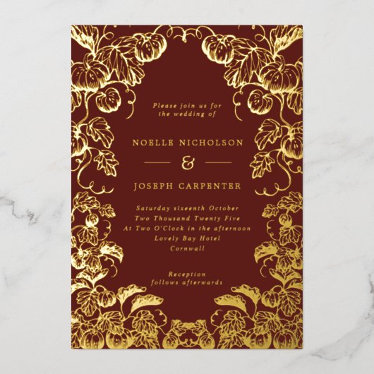 Pumpkin Lijst Fall Wedding Burgundy & Gold Foil Folie Uitnodiging (Voorkant)