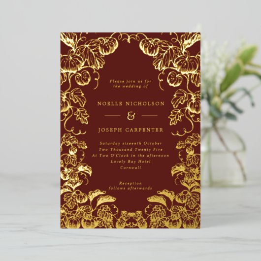 Pumpkin Lijst Fall Wedding Burgundy & Gold Foil Folie Uitnodiging (Staand Voorkant)