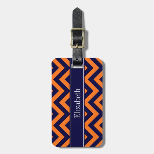 Pumpkin Navy LG Chevron Navy Blue Name Monogram Bagagelabel (Voorkant verticaal)