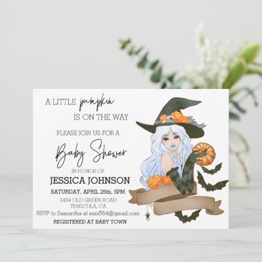 Pumpkin on Way Witch Baby shower Halloween Kaart (Staand voorkant)