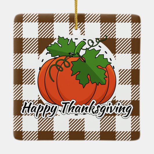 Pumpkin op bruine speldenbank - Happy Thanksgiving Keramisch Ornament (Achterkant)