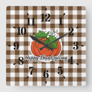 Pumpkin op bruine speldenbank - Happy Thanksgiving Vierkante Klok