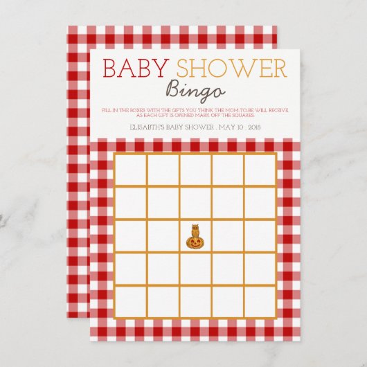 Pumpkin Owl & Gingham Baby shower Bingo Kaart (Voorkant / Achterkant)
