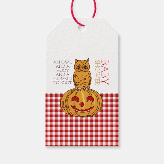 Pumpkin Owl & Gingham Baby shower Cadeaulabel (Voorkant)