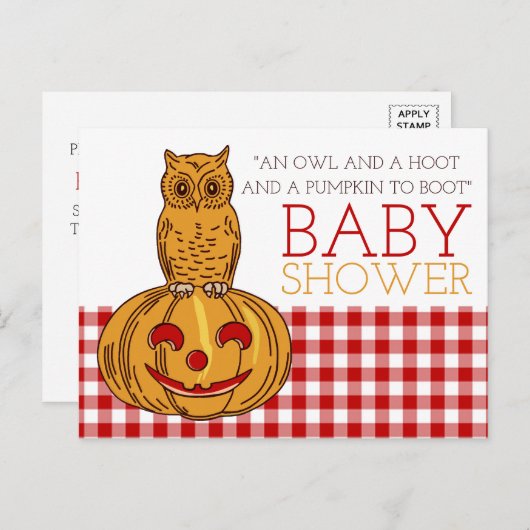 Pumpkin Owl & Gingham Baby shower Invitation Uitnodiging Briefkaart (Voorkant / Achterkant)