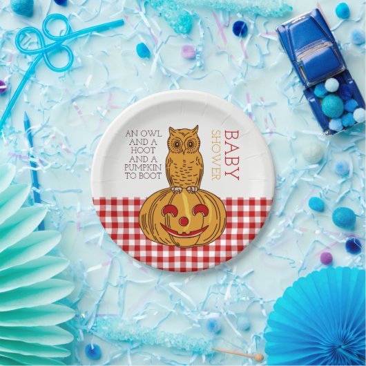 Pumpkin Owl & Gingham Baby shower Papieren Bordje (Feest)