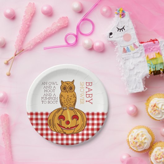 Pumpkin Owl & Gingham Baby shower Papieren Bordje (Feest)