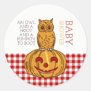 Pumpkin Owl & Gingham Baby shower Ronde Sticker