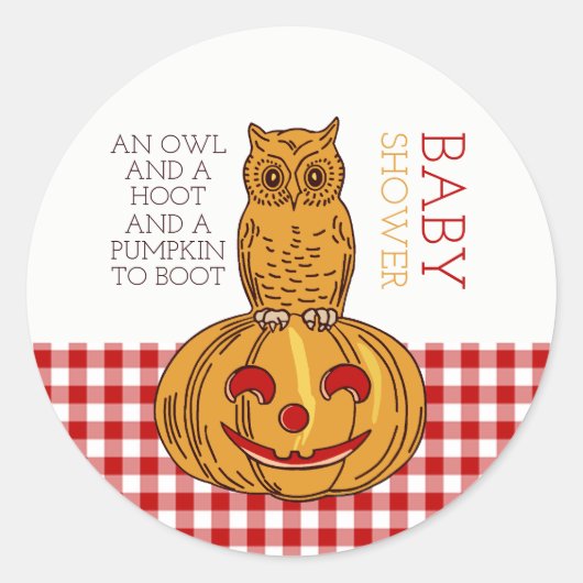 Pumpkin Owl & Gingham Baby shower Ronde Sticker (Voorkant)
