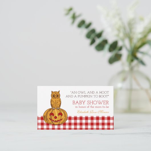 Pumpkin Owl & Gingham Baby shower Ticket Invite Informatiekaartje (Staand voorkant)
