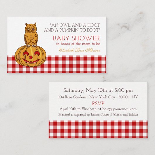 Pumpkin Owl & Gingham Baby shower Ticket Invite Informatiekaartje (Voorkant / Achterkant)