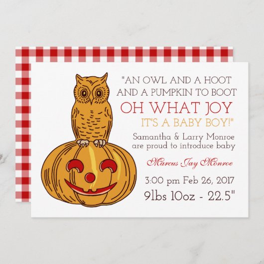 Pumpkin Owl & Gingham Het is een 'Baby Boy'-aankon Aankondiging (Voorkant / Achterkant)