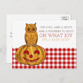 Pumpkin Owl & Gingham Het is een 'Baby Boy'-aankon Aankondigingskaart (Voorkant / Achterkant)