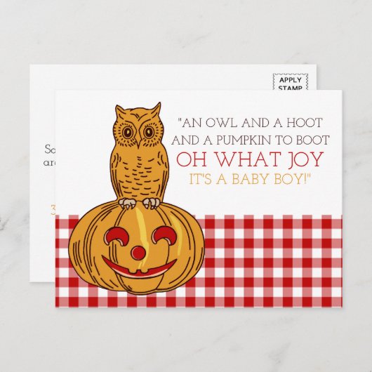 Pumpkin Owl & Gingham Het is een 'Baby Boy'-aankon Aankondigingskaart (Voorkant / Achterkant)