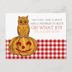 Pumpkin Owl & Gingham Het is een 'Baby Boy'-aankon Aankondigingskaart