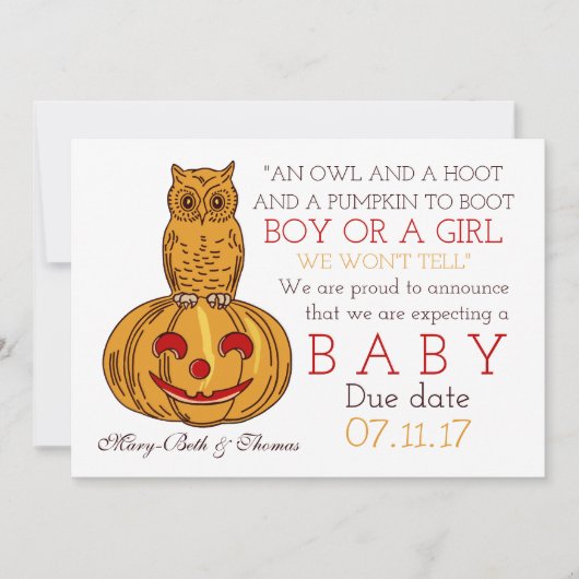 Pumpkin Owl & Gingham New Baby Announge Aankondiging (Voorkant)