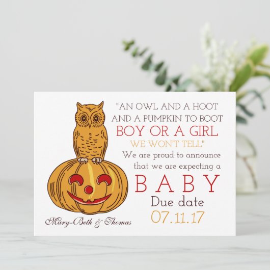 Pumpkin Owl & Gingham New Baby Announge Aankondiging (Staand voorkant)