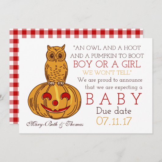 Pumpkin Owl & Gingham New Baby Announge Aankondiging (Voorkant / Achterkant)