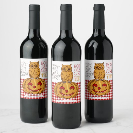Pumpkin Owl & Gingham New Baby Announge Wijn Etiket (Flessen)