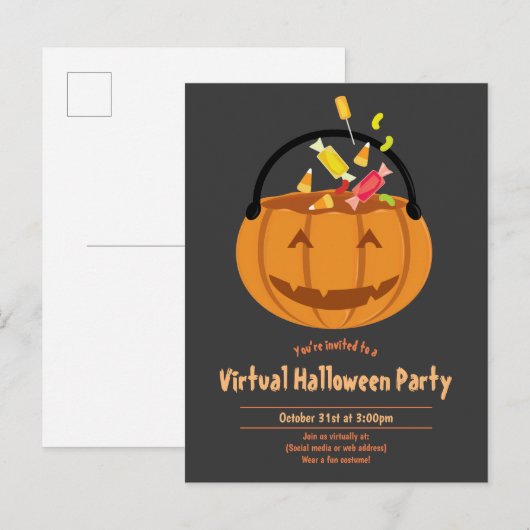 Pumpkin Pail Snoep Grijs Virtual Halloween Party Uitnodiging Briefkaart (Voorkant / Achterkant)
