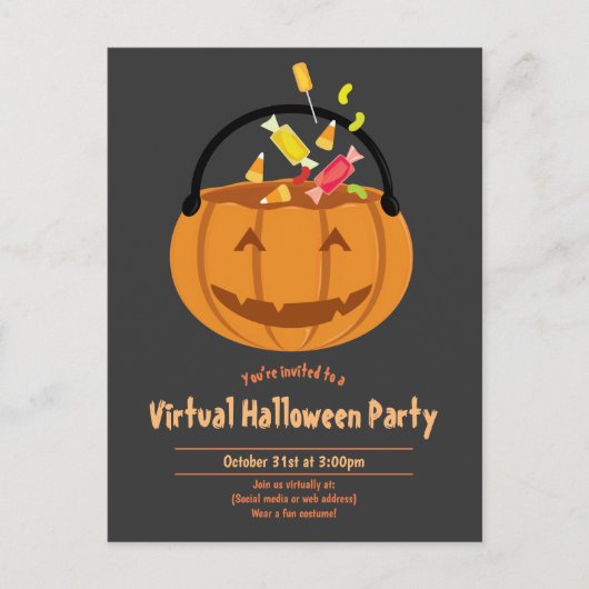 Pumpkin Pail Snoep Grijs Virtual Halloween Party Uitnodiging Briefkaart (Voorkant)