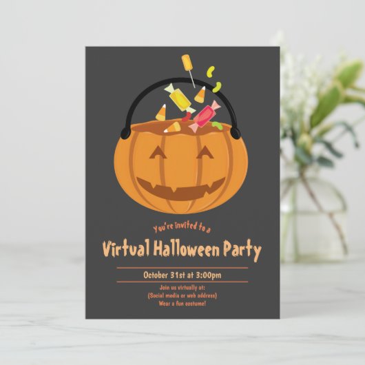Pumpkin Pail Snoep Virtual Halloween Party Kaart (Staand voorkant)