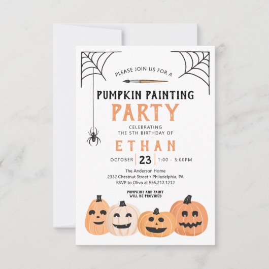 Pumpkin Painting Birthday Party Halloween Kaart (Voorkant)