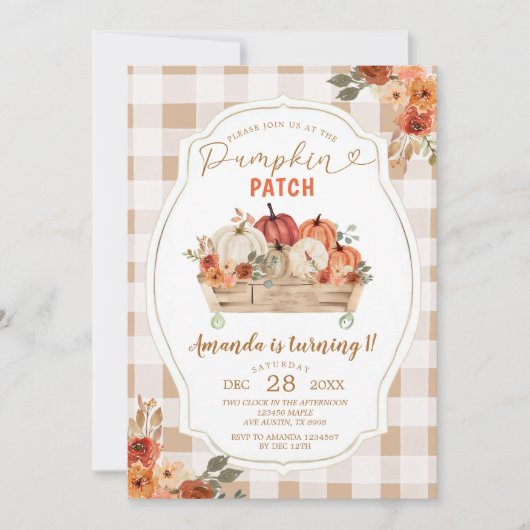 Pumpkin Patch Autumn Gingham Floral First Birthday Kaart (Voorkant)