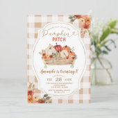 Pumpkin Patch Autumn Gingham Floral First Birthday Kaart (Staand voorkant)
