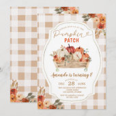 Pumpkin Patch Autumn Gingham Floral First Birthday Kaart (Voorkant / Achterkant)