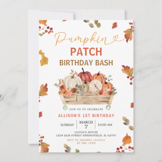 Pumpkin Patch Autumn Rustic Leaves First Birthday Kaart (Voorkant)