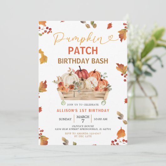 Pumpkin Patch Autumn Rustic Leaves First Birthday Kaart (Staand voorkant)