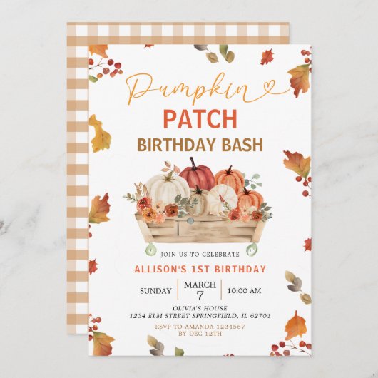 Pumpkin Patch Autumn Rustic Leaves First Birthday Kaart (Voorkant / Achterkant)