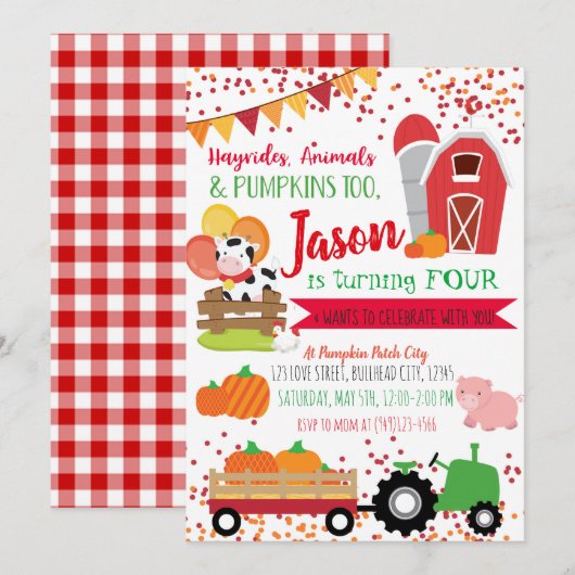 Pumpkin Patch Farmer Boys Red Gingham Birthday Kaart (Voorkant / Achterkant)