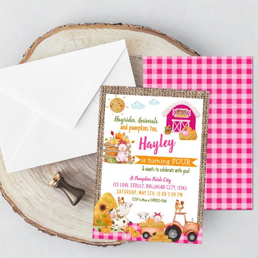 Pumpkin Patch Farmer Girls Pink Birthday Kaart
