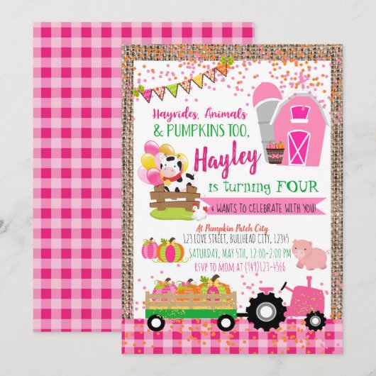 Pumpkin Patch Farmer Girls Pink Birthday Kaart (Voorkant / Achterkant)