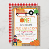 Pumpkin Patch Farmer Red Gingham 1e verjaardag Kaart (Voorkant / Achterkant)