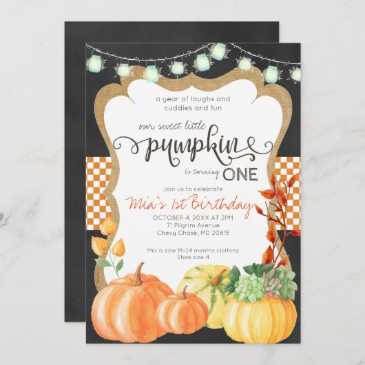 Pumpkin Patch First Birthday Invitation Kaart (Voorkant / Achterkant)