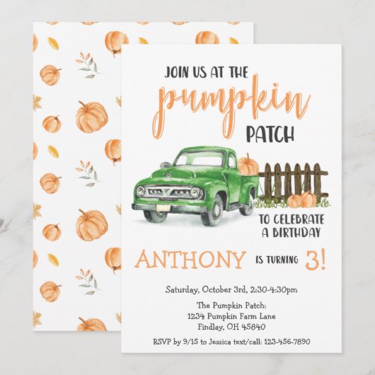 Pumpkin Patch Old Truck Birthday Party Any Age Kaart (Voorkant / Achterkant)