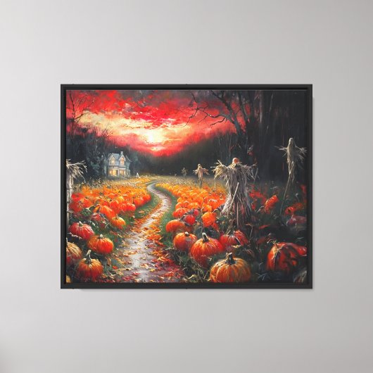 Pumpkin Patch Path spookhuis bij zonsondergang Canvas Afdruk (Voorkant)