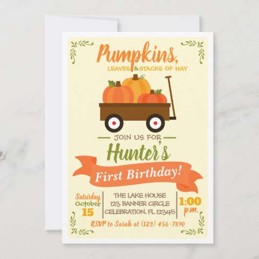 Pumpkin Patch Wagon Herfst Birthday Uitnodiging (Voorkant)