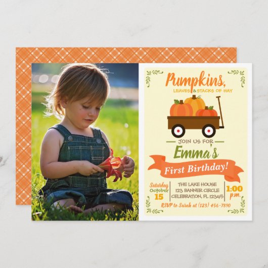 Pumpkin Patch Wagon Herfst Foto Birthday Uitnodigi Kaart (Voorkant / Achterkant)