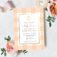 Pumpkin Peach Gingham Baby shower Folie Uitnodigin